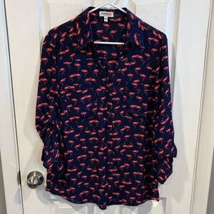 Express Navy Portofino Button-Up Blouse with Pink Flamingo Print Size Large